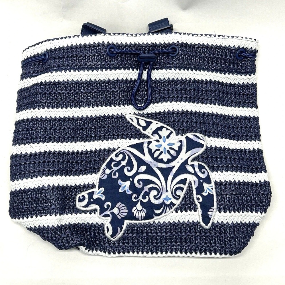 Vera Bradley Womens Steel Blue Medallion Straw Drawstring Backpack Handbag Purse